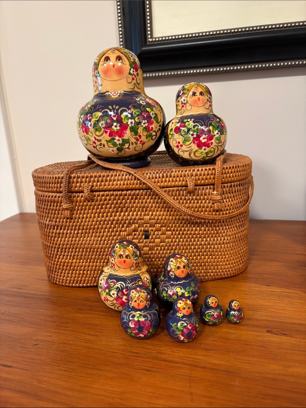 Hand-Painted Blue Floral Matryoshka Nesting Dolls - Set of 10